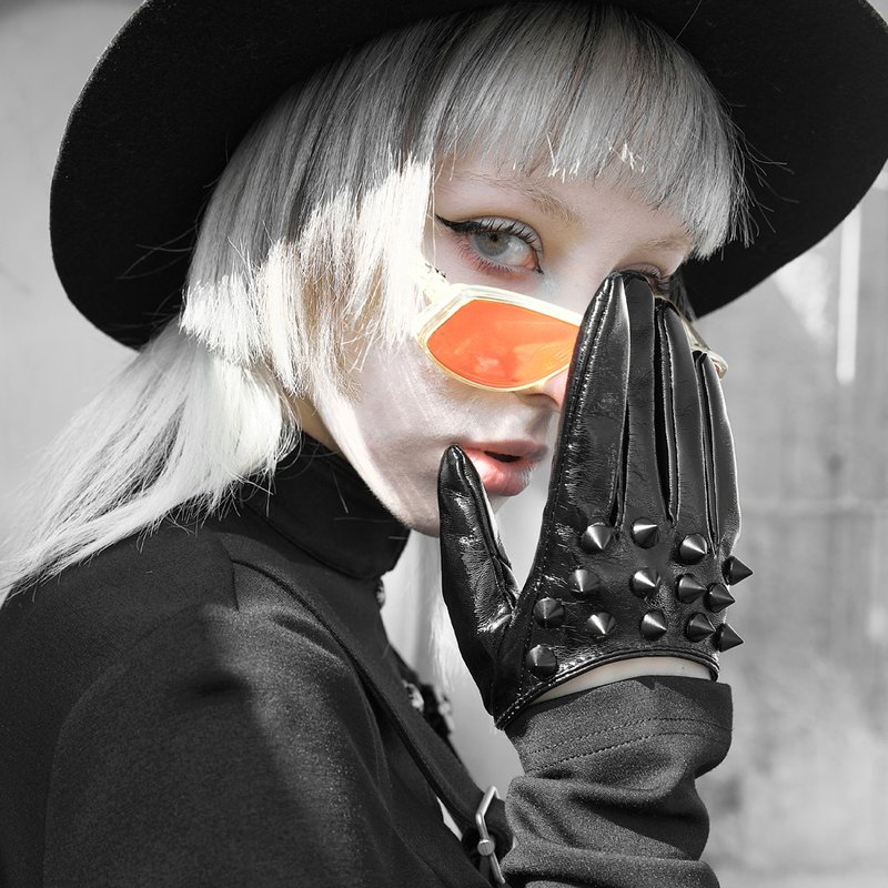 庞克祭司铆钉漆皮半掌手套 - 手套 - 其他材质 黑色