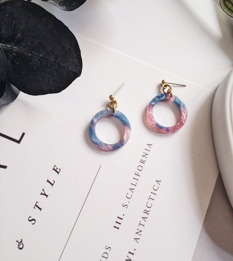 出清 La Don - 石纹圈圈 - 蓝绿粉 耳针/耳夹可选 - 耳环/耳夹 - 树脂 蓝色