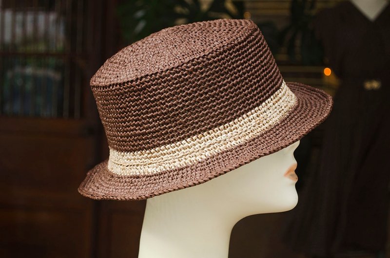 深咖啡浅茶手工编织纸草圆顶绅士帽 BOATER | vintage莞洱选品 - 帽子 - 环保材料 