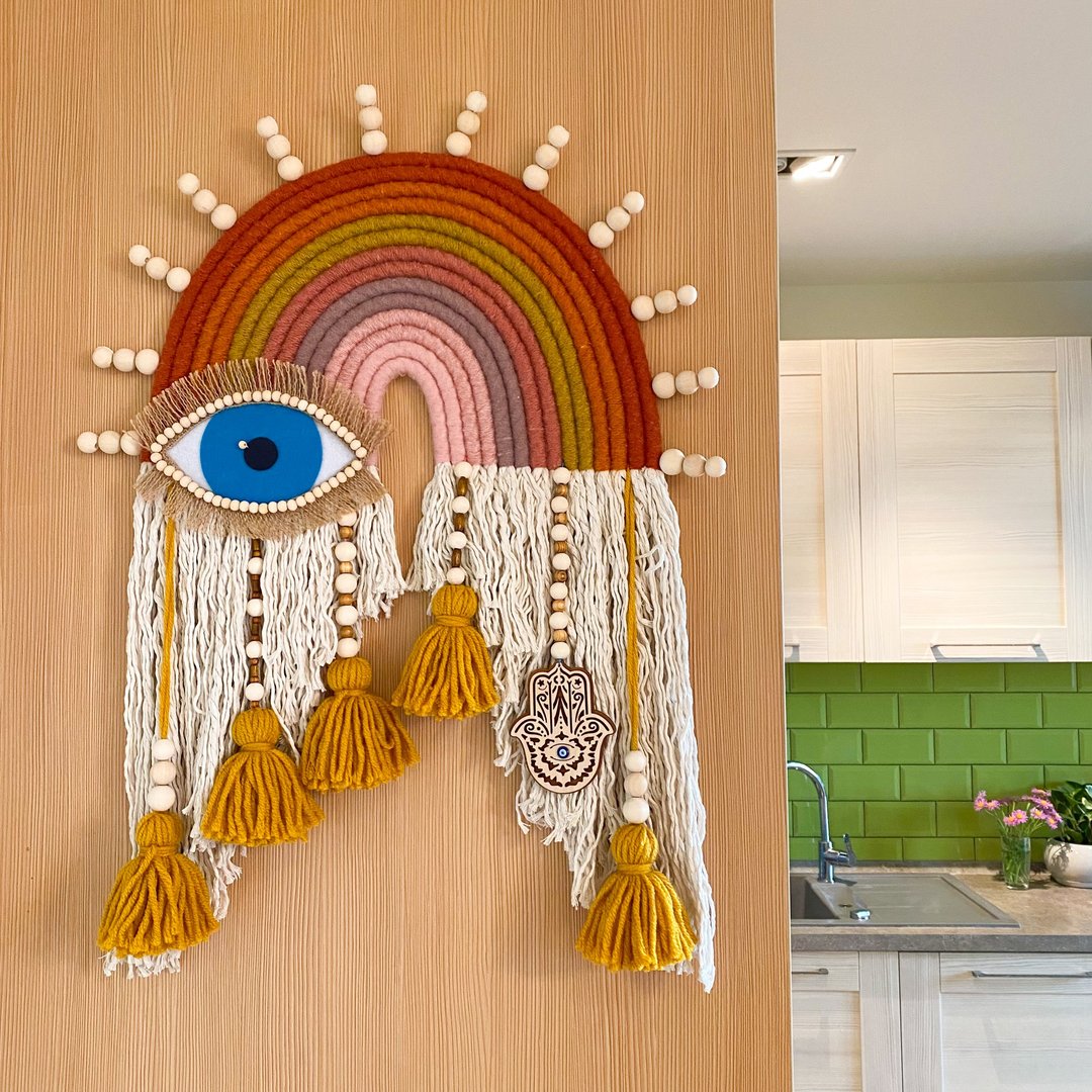 Extra Large Rainbow wall hanging, Hippie home decor with evil eye, bedroom wall - 墙贴/壁贴 - 其他材质 多色