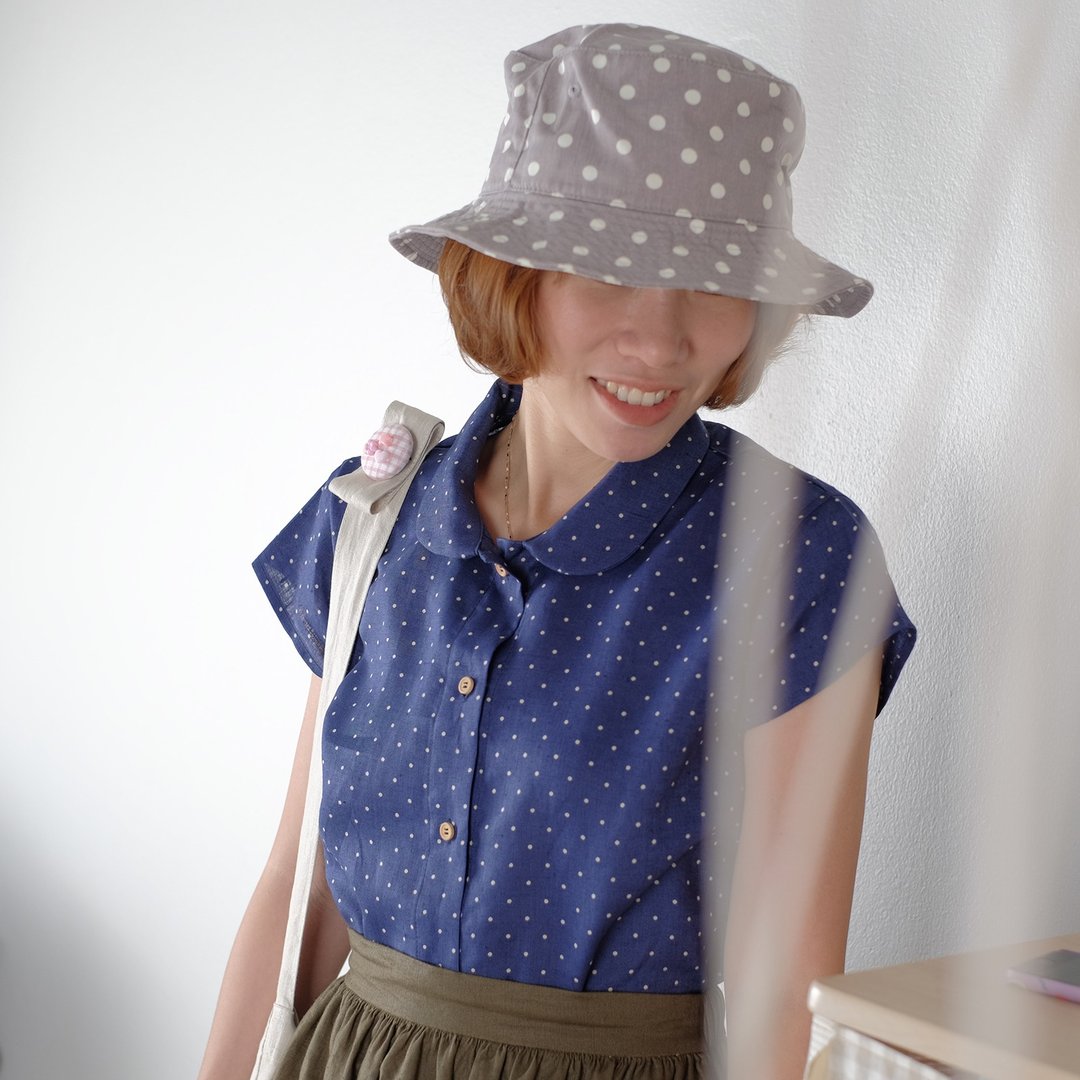 Navi Blue Polka Dot Peter Pan Collar Shirt - 女装衬衫 - 棉 蓝色
