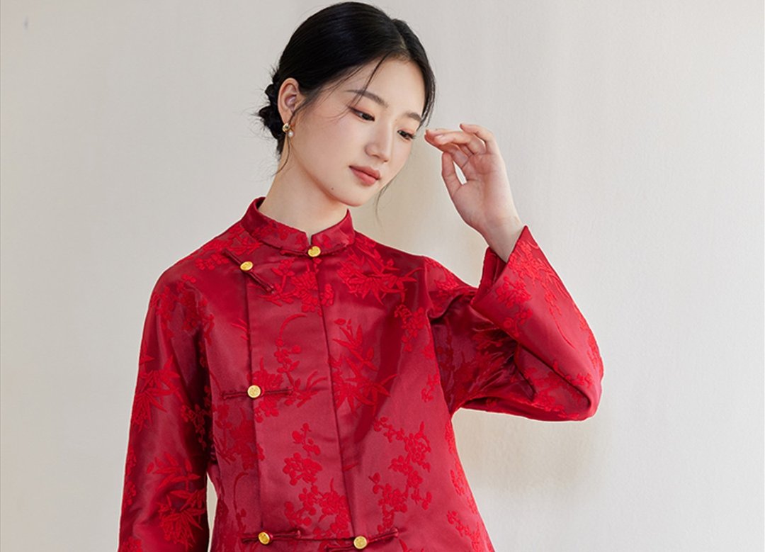 新中式中国风 非遗 漳绒缎提花斜襟 外套/半裙 - 女装上衣 - 其他材质 红色