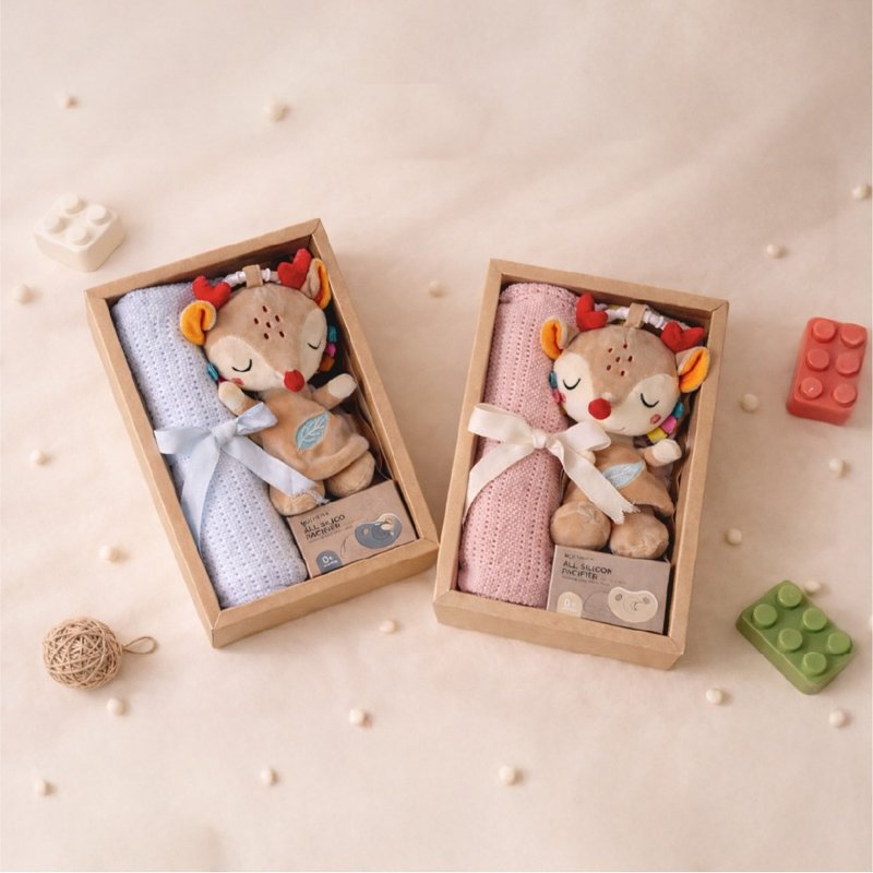 【定制多款】好眠小礼盒 - 洞洞毯 + 安抚奶嘴 +音乐铃 满月礼盒弥月 - 玩具/玩偶 - 棉．麻 多色