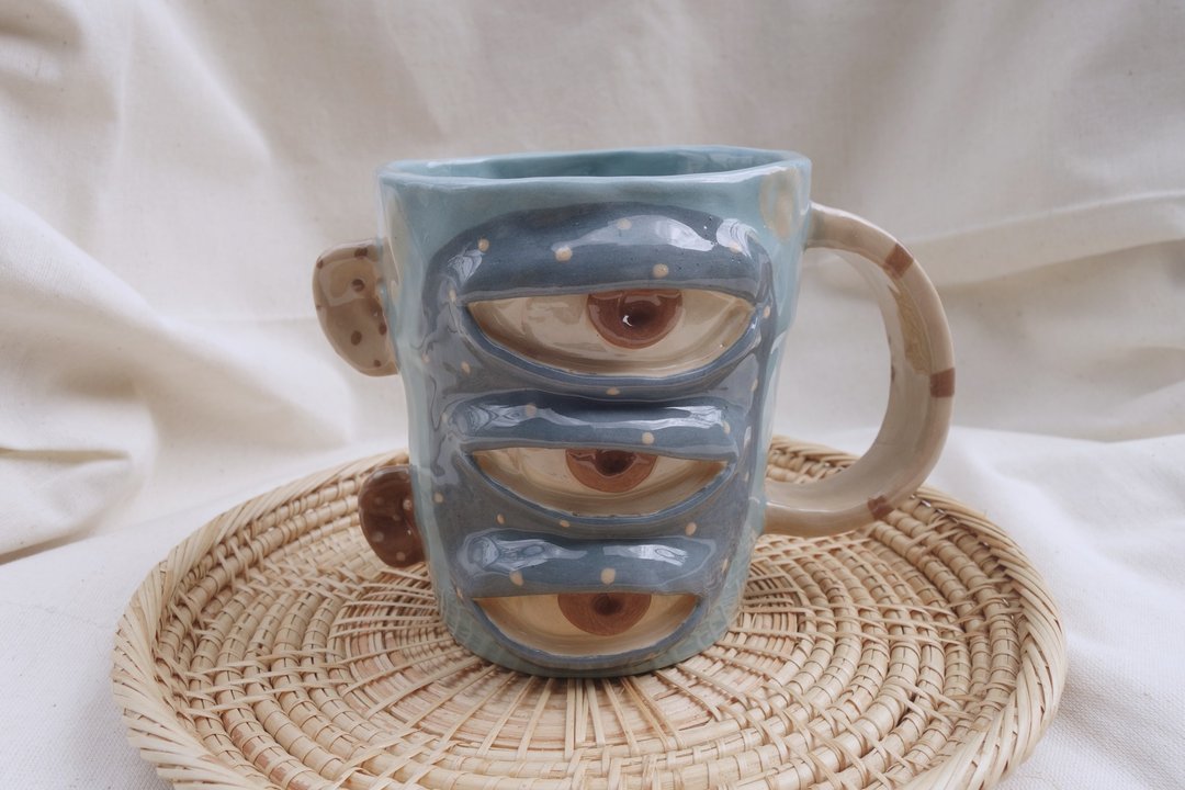 Handmade ceramic mug  with 3eye in blue : ) - 花瓶/陶器 - 陶 蓝色