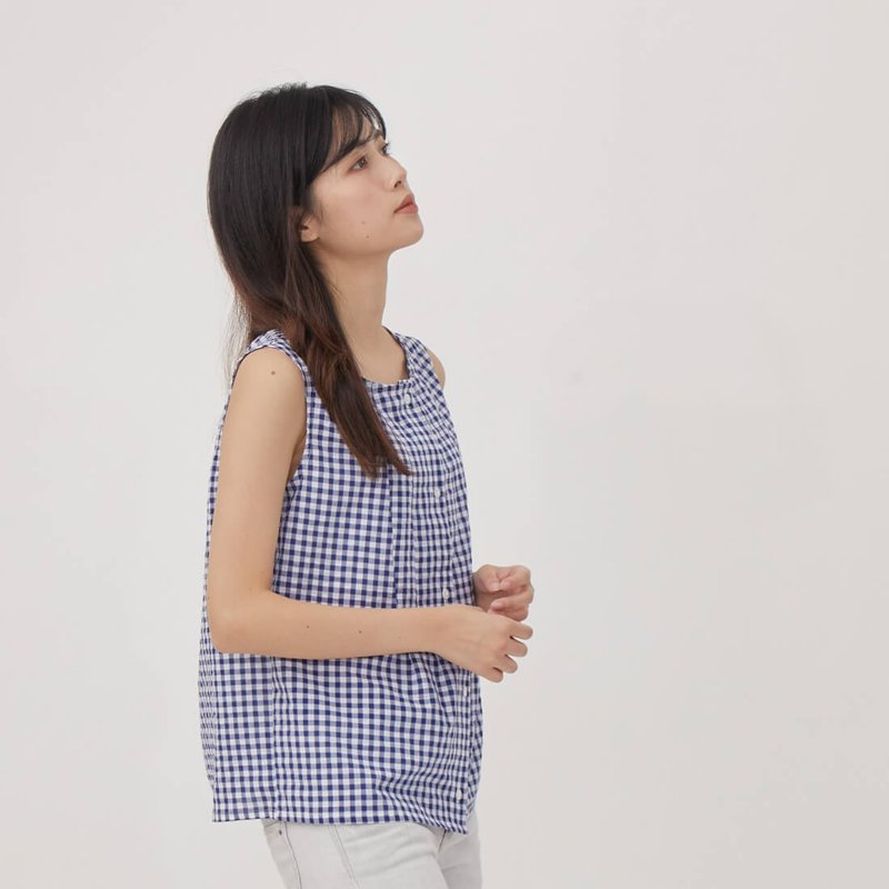 Sophia无袖开襟褶子双面穿上衣/蓝格 - 女装上衣 - 棉．麻 