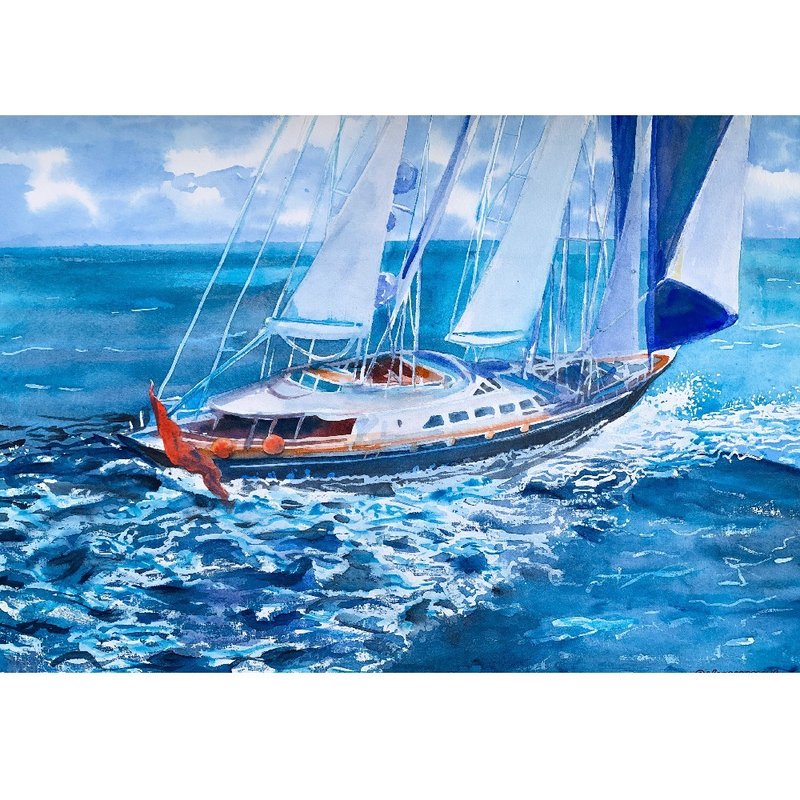 Original Watercolor painting Sailing Yacht in the seascape Artwork Aquarelle - 墙贴/壁贴 - 纸 多色