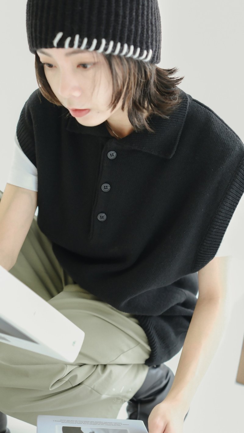 大人物志翻领针织背心 - 2色 - 大人黑 - 男装背心 - 其他人造纤维 黑色