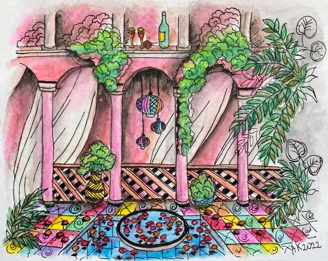 小花园水彩画，摩洛哥阿拉伯风格艺术品，旅游绘画 - 墙贴/壁贴 - 其他材质 粉红色