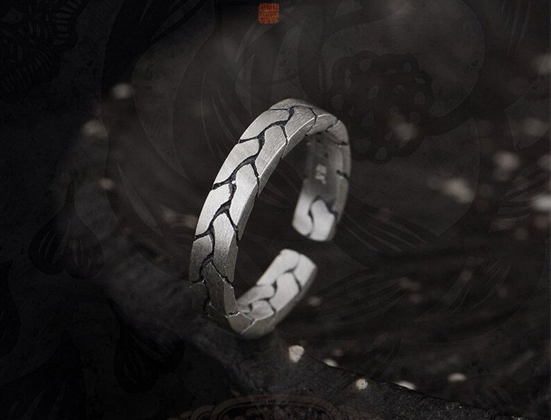 Real 990 Fine Silver Jewelry Crack Texture Women Vintage Opening Rings Simple - 戒指 - 纯银 银色