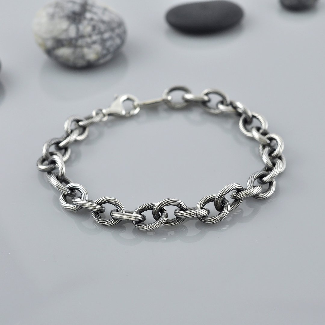 麻花纹手链 硫化染黑 925纯银 Men's jewelry - 手链/手环 - 纯银 银色