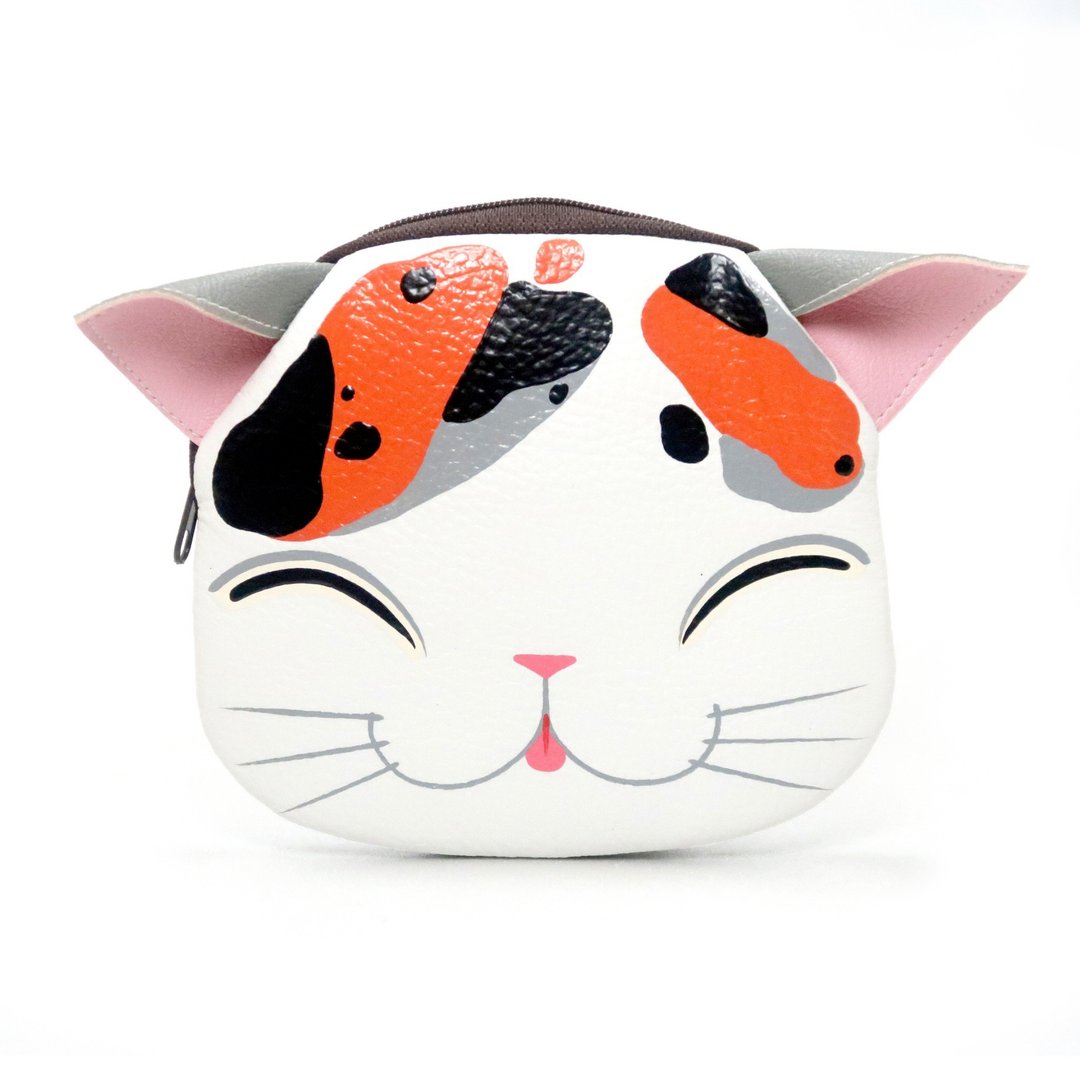 【雙11折扣】Smiling Calico Cat coin purse ,small wallet bag with zip.various card poc - 零钱包 - 人造皮革 白色