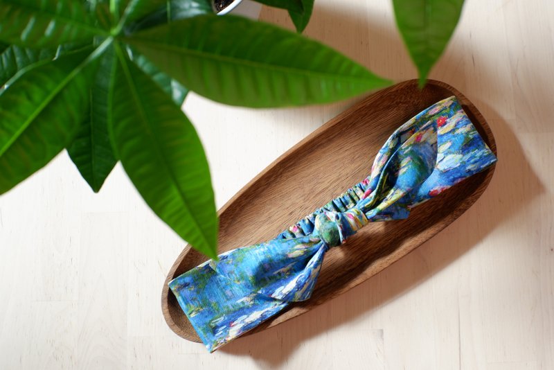 可调整松紧绑结发带の莫奈画作睡莲 - 发带/发箍 - 棉．麻 蓝色