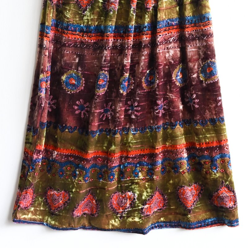 【蛋植物古着】墙花绘彩绒面印花古着长裙 - 裙子 - 其他人造纤维 