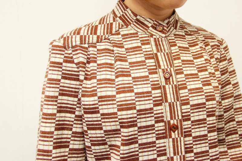 …｛橡子女孩::古着洋装｝昭和风红豆色小纹立领洋装 - 洋装/连衣裙 - 其他材质 橘色