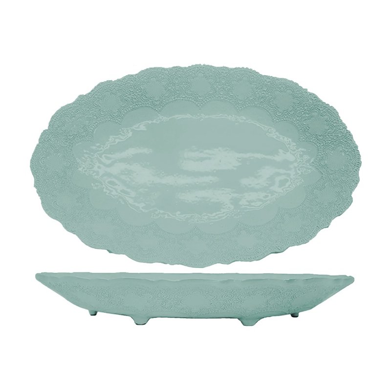 意大利VBC casa-手工浮雕蕾丝系列48cm椭圆有脚水果盘(蒂芬妮绿) - 盘子/餐盘/盘架 - 陶 绿色