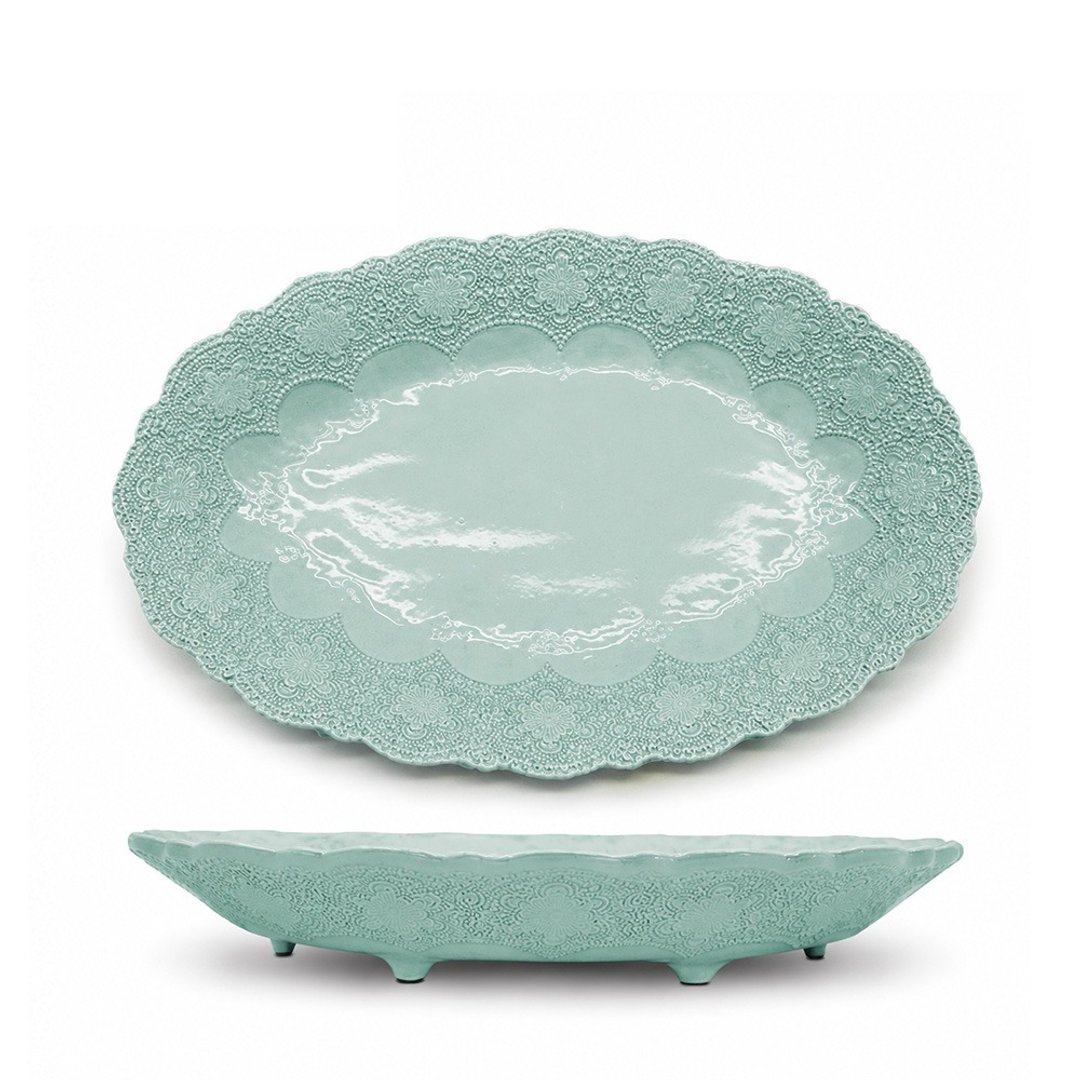 意大利 VBC casa 手工浮雕蕾丝系列 48cm 椭圆有脚水果盘 蒂芬妮绿 - 盘子/餐盘/盘架 - 陶 绿色