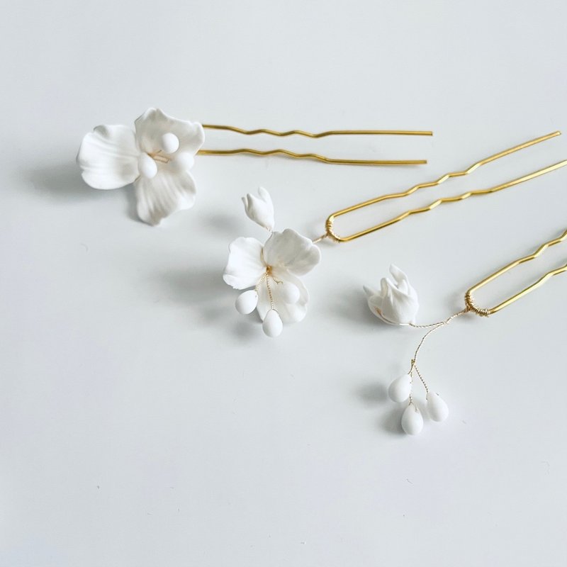 津花发夹3件套装 - 发饰 - 粘土 白色