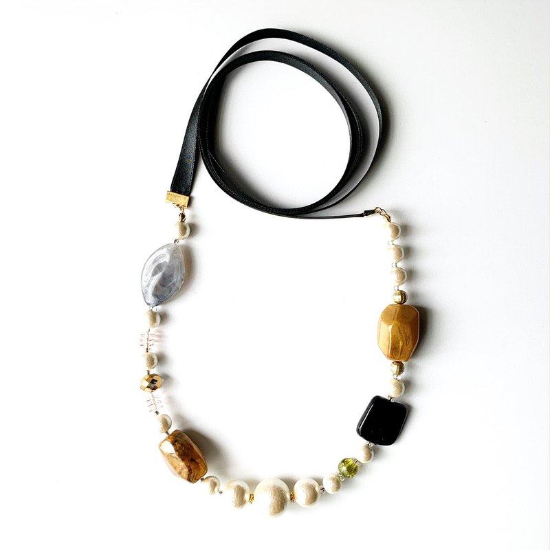 Cotton pearls and beads ribbon necklace - 项链 - 塑料 金色