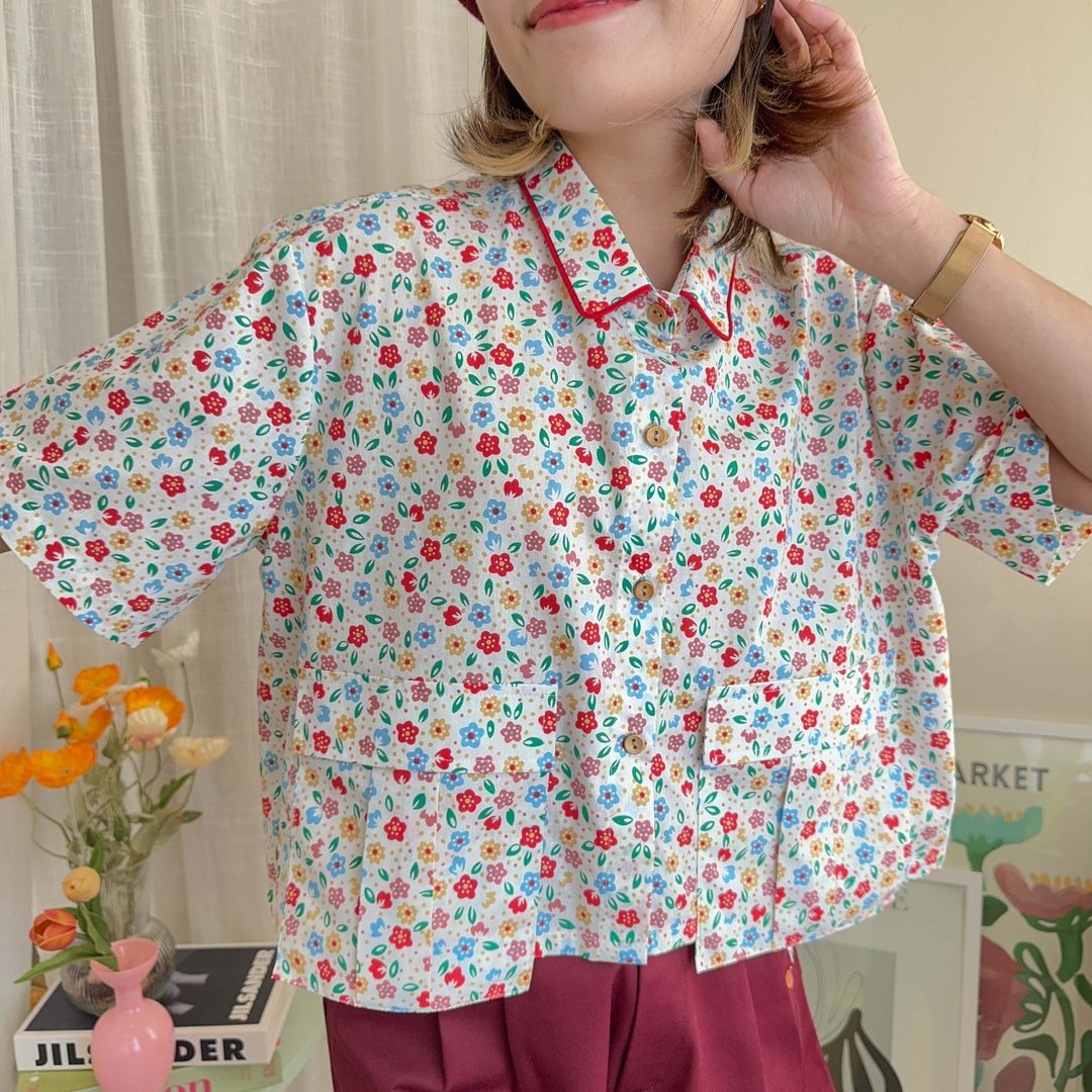 Over Cropped 衬衫 Red Floret 红色的 - 女装衬衫 - 棉 红色