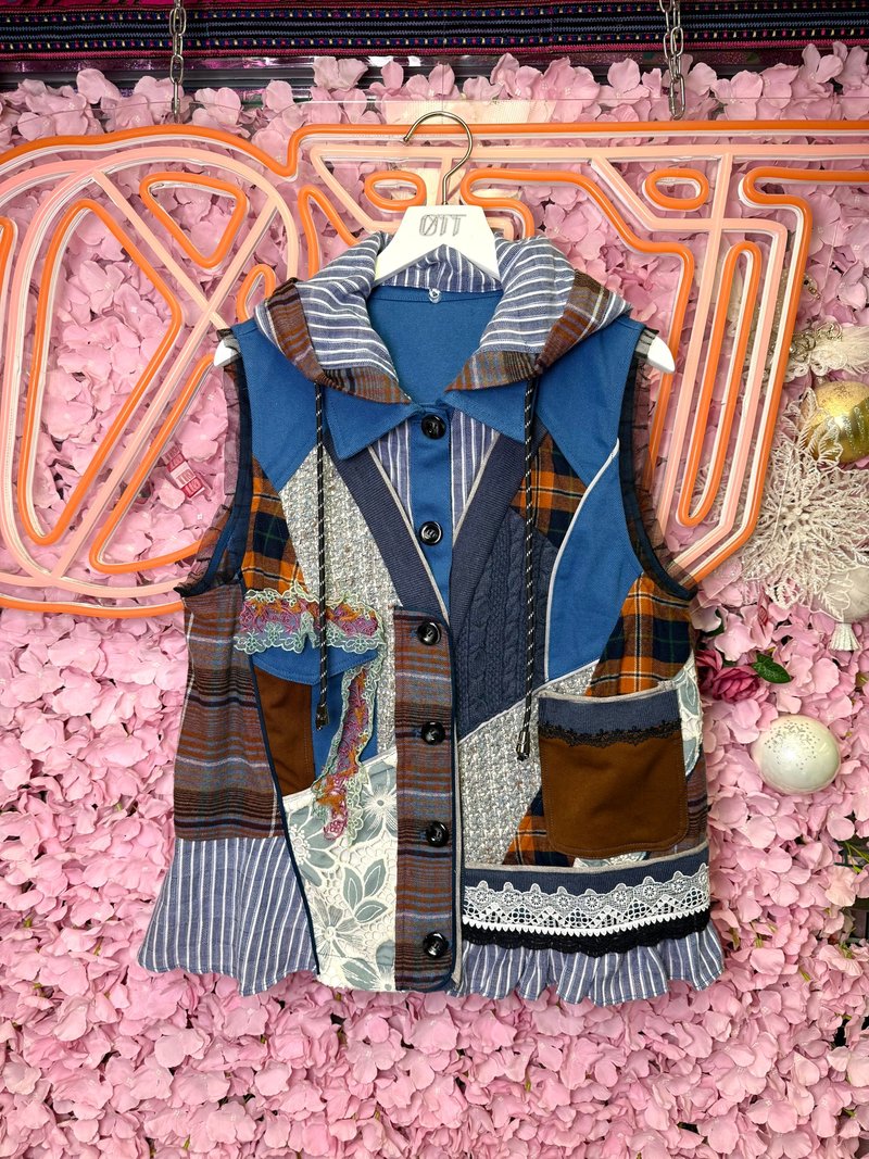 OTT独一无二•Unique日系可拆帽假两件撞色tweed毛衣牛仔外套 - 女装休闲/机能外套 - 羊毛 橘色