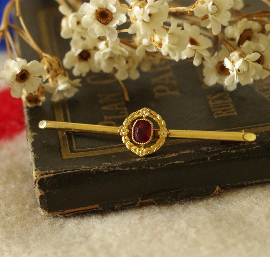 Antique新艺术时期1920~1930 ORIA 花叶红色莱茵石别针 B1932 - 胸针 - 其他金属 金色