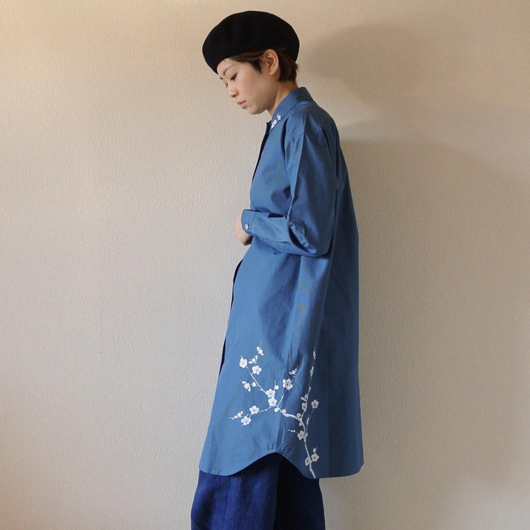 Long shirt Gingham check blue <white plum> - 女装上衣 - 棉 