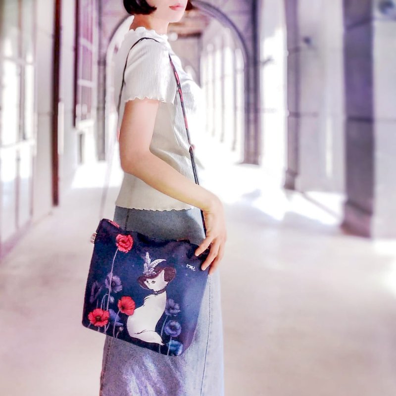 斜背包 | 肩背包 | 侧背包 - 罂粟花 • 美人猫 - 侧背包/斜挎包 - 棉．麻 黑色