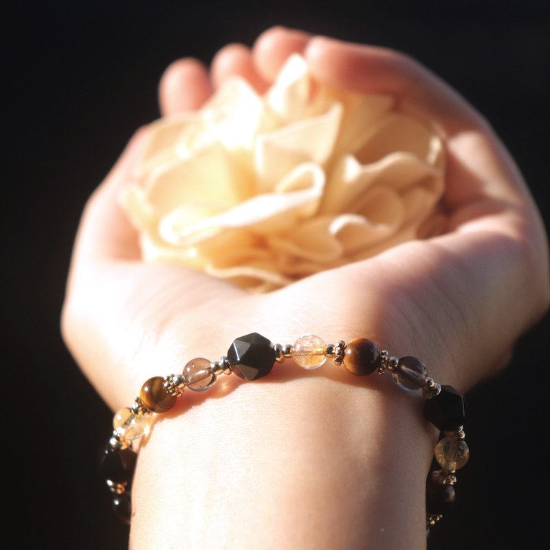 黑曜石-黄水晶-茶晶-虎眼石-招财-好运-水晶手链 - 手链/手环 - 水晶 多色