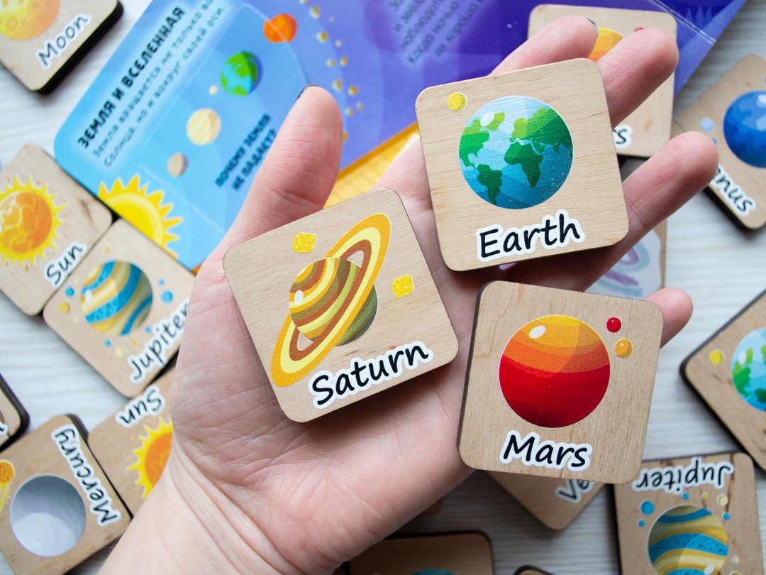Planets Space，学习卡，益智玩具，记忆游戏 - 玩具/玩偶 - 木头 多色