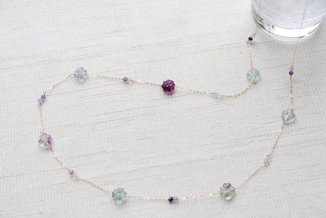 Fluorite clover long necklace 14kgf - 长链 - 半宝石 多色