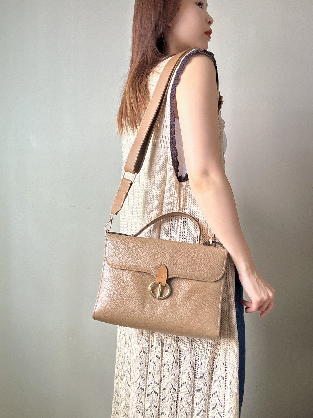 中古美品 Christian Dior 荔枝皮 两用手袋 斜背包 手提包 邮差包 - 侧背包/斜挎包 - 真皮 卡其色