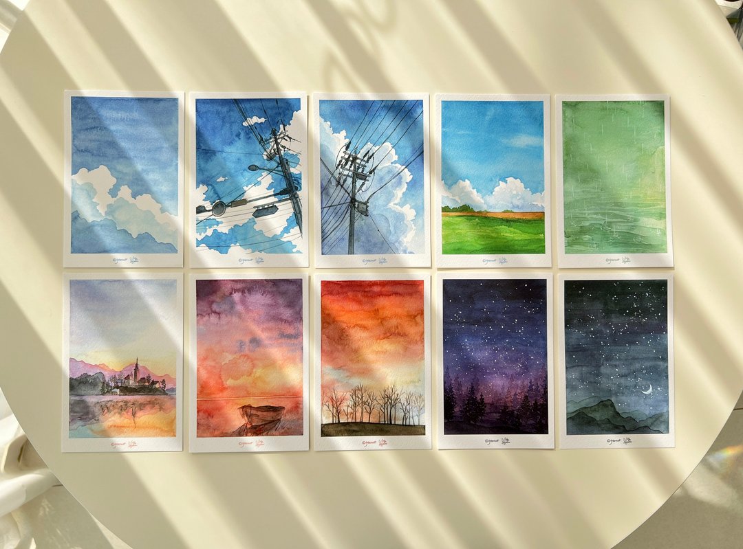 明信片・天空纪录笔记/水彩插画，室内装饰小物 - 卡片/明信片 - 纸 多色