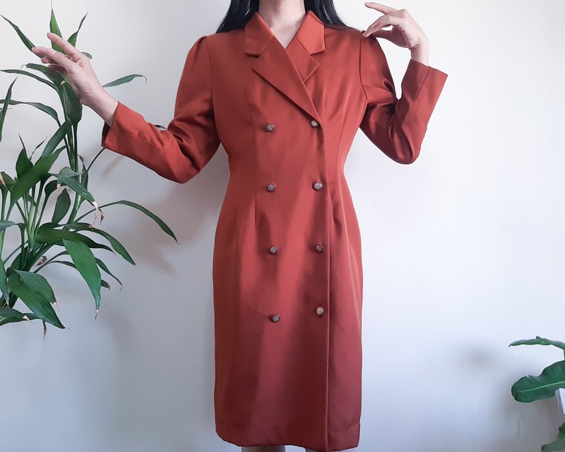 复古 80 年代棕色连衣裙 双排扣连衣裙 泡泡袖豌豆大衣连衣裙 M - 洋装/连衣裙 - 聚酯纤维 咖啡色