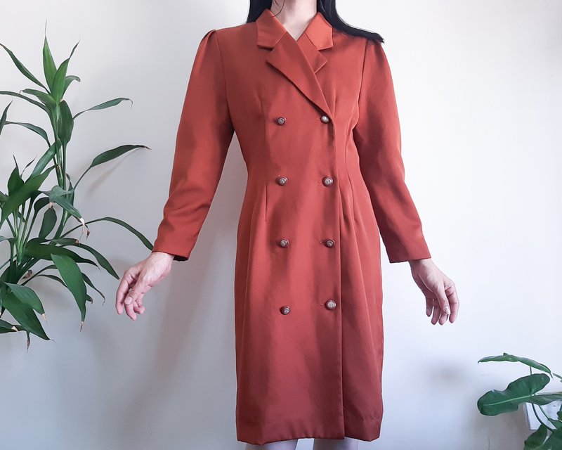 复古 80 年代棕色连衣裙 双排扣连衣裙 泡泡袖豌豆大衣连衣裙 M - 洋装/连衣裙 - 聚酯纤维 咖啡色