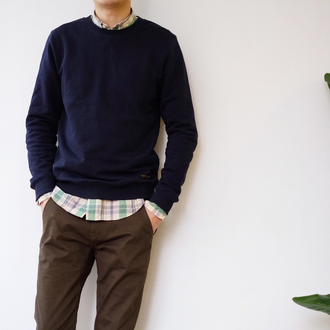 Patchwork Sweater 秋冬基本款纯色圆领套头卫衣/拼贴/简约/情侣服 - 男装上衣/T 恤 - 棉 蓝色