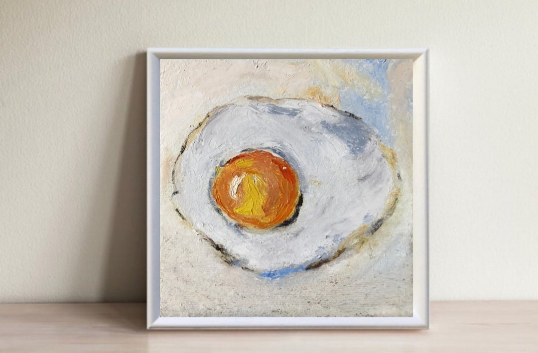Original oil painting egg food still life wall art handmade 6x6 inches - 墙贴/壁贴 - 其他材质 白色