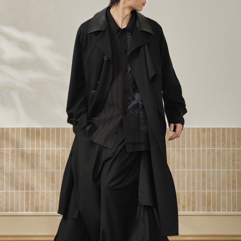 【晚宴】森系复古 小羊皮拼接飞片造型腰带大衣/长款翻领风衣外套 - 男装外套 - 羊毛 黑色