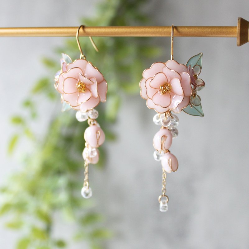 【粉山茶花耳环】 山茶花 粉色系 耳环 耳夹 - 耳环/耳夹 - 树脂 粉红色