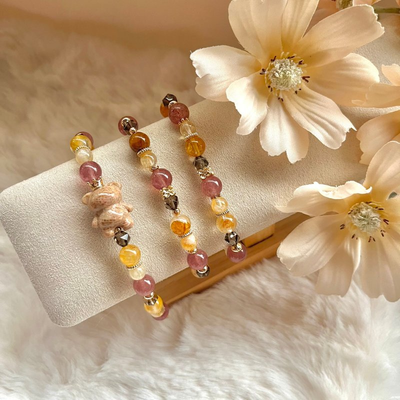 循光熊熊疗愈系列 蜜光抱抱 草莓晶x黄水晶x黄胶花x茶晶 手串 - 手链/手环 - 半宝石 