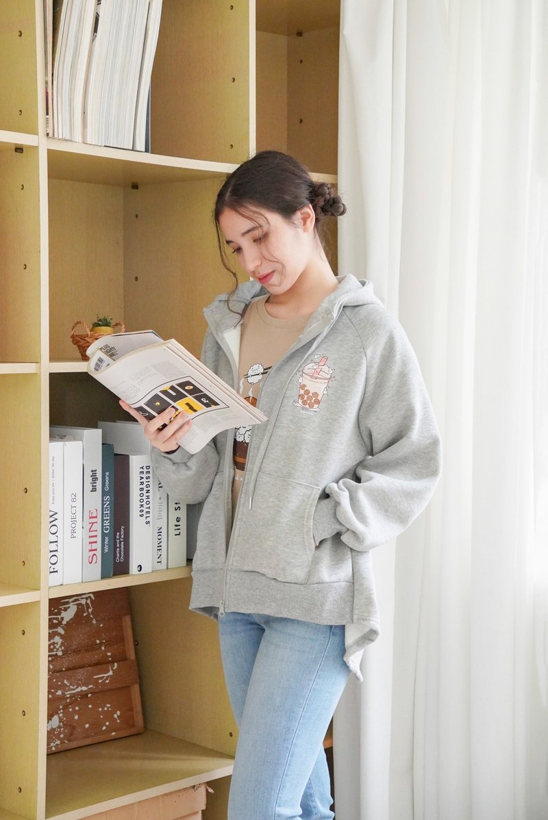 麻糬兔珍奶斗篷拉链伞状外套(麻灰) - 女装休闲/机能外套 - 棉．麻 白色