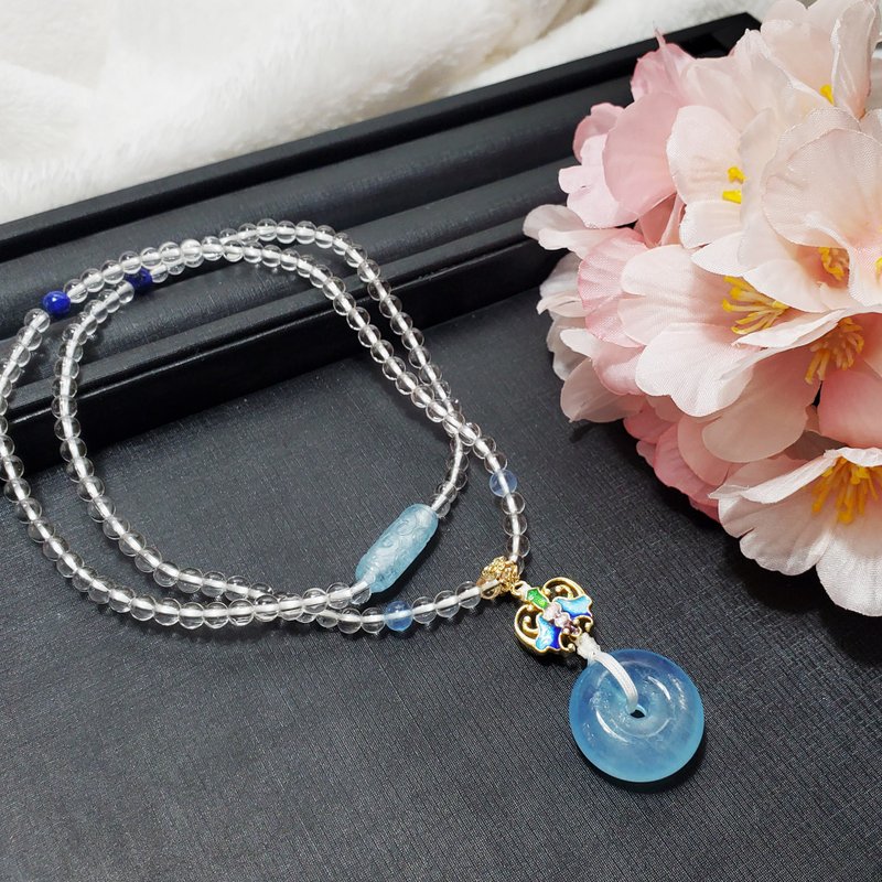 天然 顶级 白水晶 海蓝宝 平安扣 蝙蝠 福气 108手串 念珠 4.4mm - 手链/手环 - 宝石 蓝色