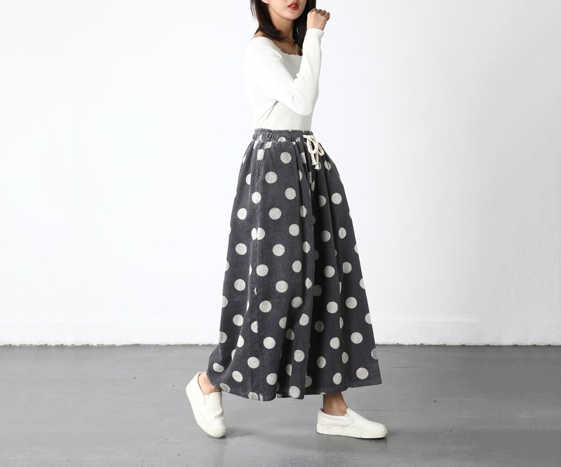 冬日暖暖波点阔腿裤 / 复古波点 / 灯芯绒宽裤裙 - 女装长裤 - 棉．麻 灰色