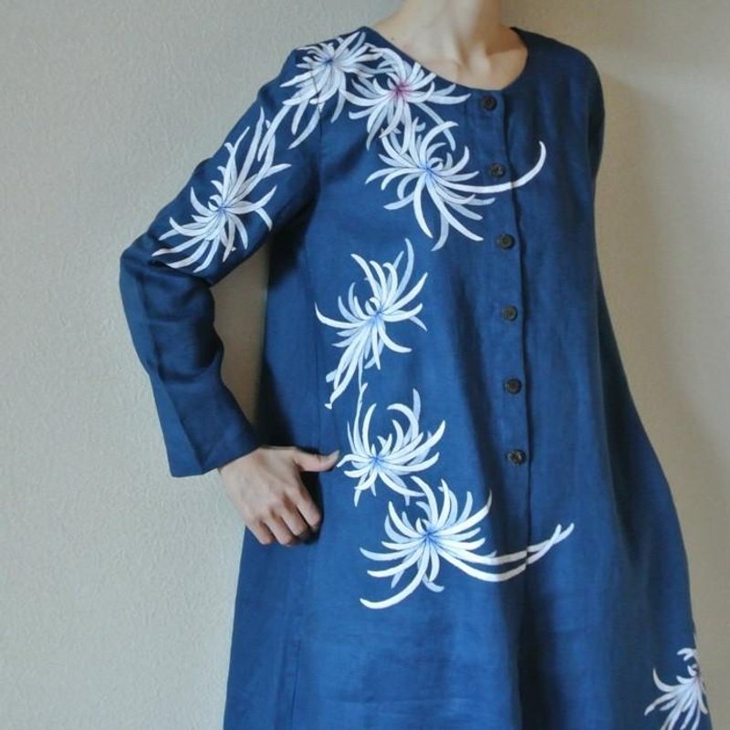 Linen coat dress blue <Rangiku> - 女装休闲/机能外套 - 棉．麻 蓝色