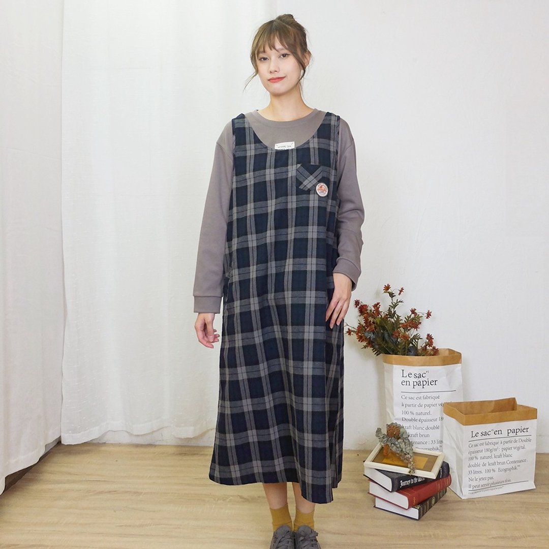 Hana Mokuba 清新背心式格纹外搭洋装 - 洋装/连衣裙 - 其他材质 