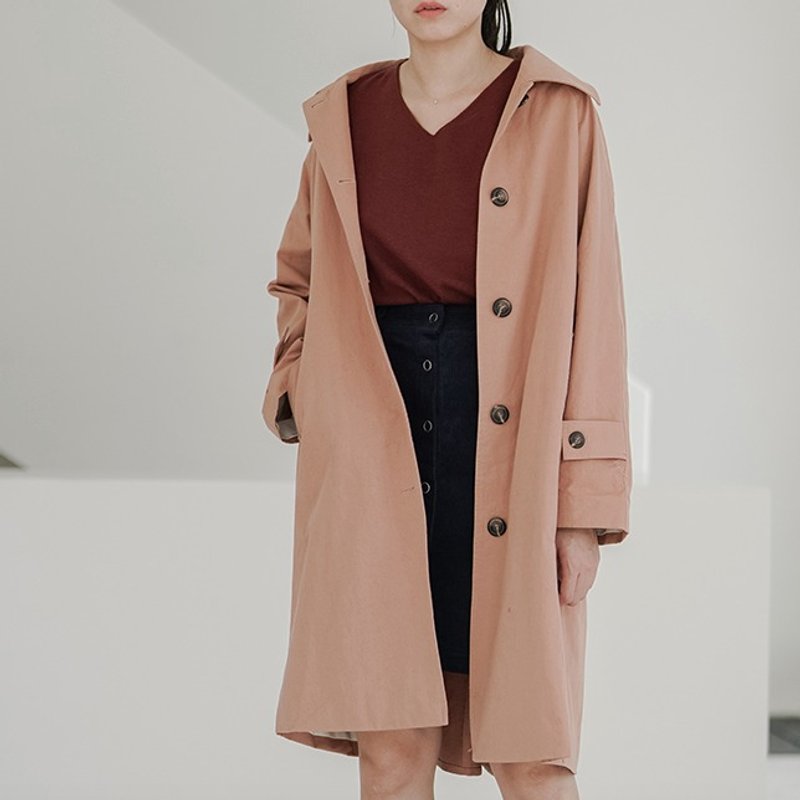 红砖色 皱感纯棉质 中长款宽袖boyfriend风衣 翻领单排扣风衣外套 - 女装西装外套/风衣 - 棉．麻 红色