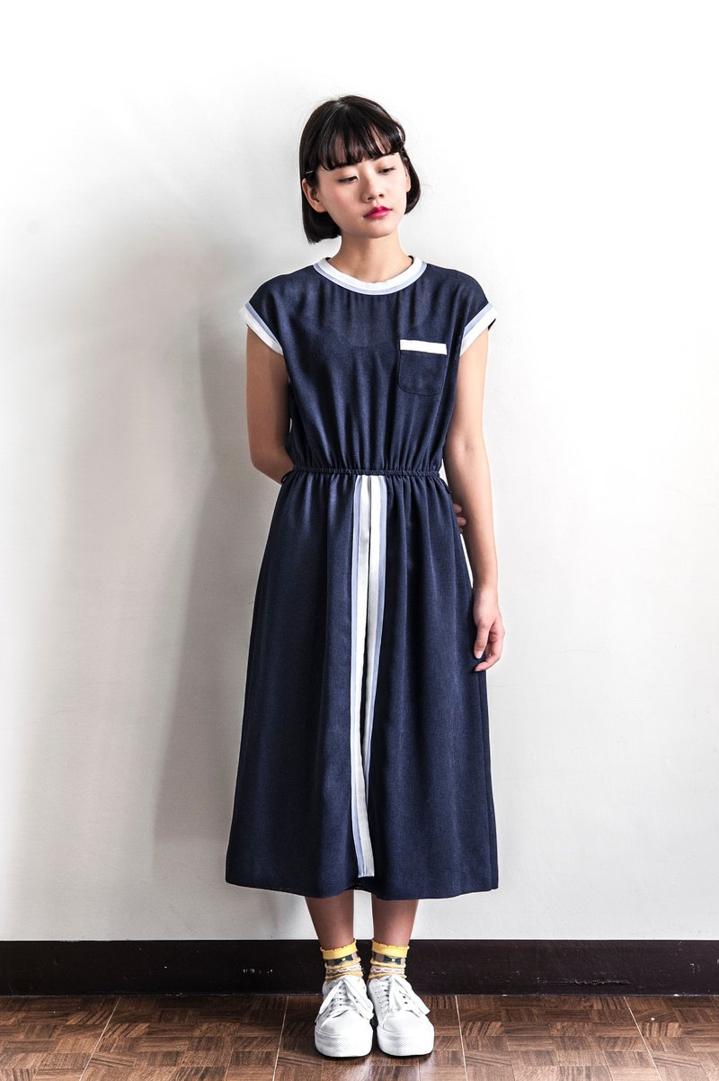 Vintage 海军条纹古着连袖洋装 - 洋装/连衣裙 - 聚酯纤维 蓝色