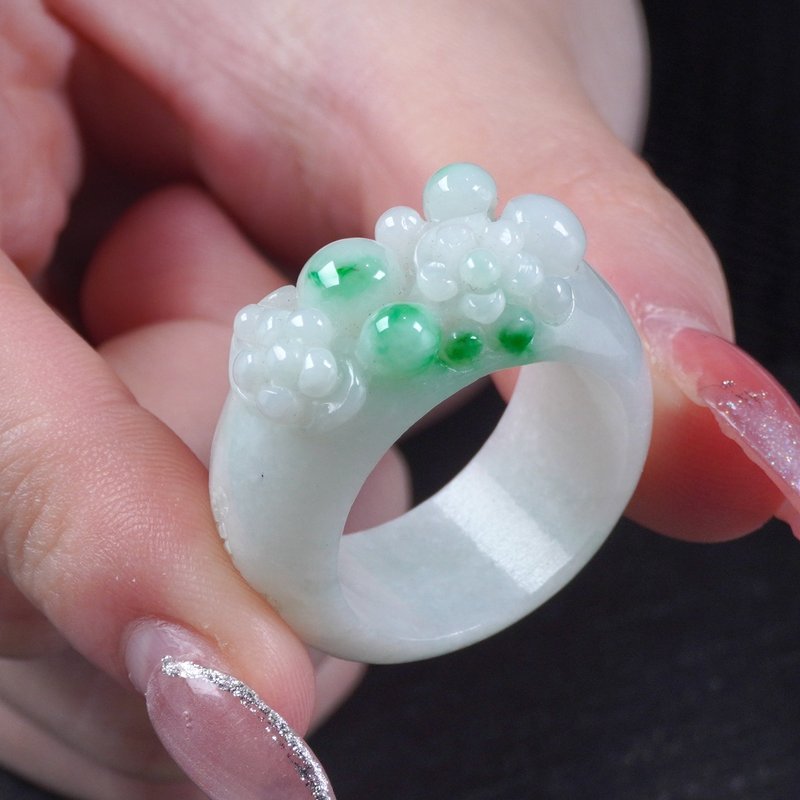 飘阳绿翡翠花开富贵玉戒 | 国际17围 | 天然缅甸玉翡翠A货 | 送礼 - 戒指 - 玉石 绿色