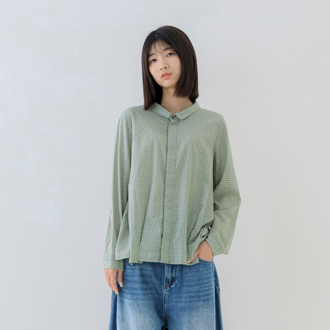 冰晶方点几何印花暗门襟衬衫 - 女装衬衫 - 棉 绿色