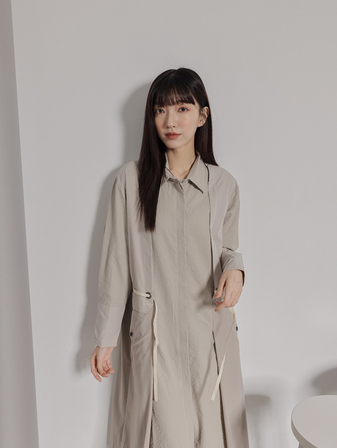 supportingrole 拼接宽松层次舒适纹理花纹洋装卡其灰 - 洋装/连衣裙 - 棉 灰色