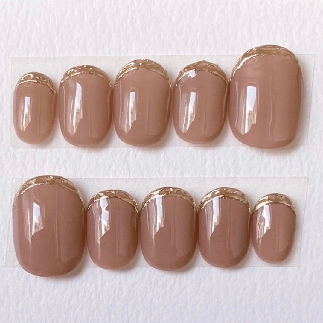 Nail tips　【Size order】Beige　Mirror French nail　Simple - 指甲油/指甲贴 - 塑料 咖啡色